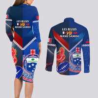 Samoa And France Rugby Couples Matching Long Sleeve Bodycon Dress and Long Sleeve Button Shirts 2023 World Cup Manu Samoa With Les Bleus LT14 - Polynesian Pride