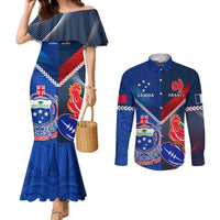 Samoa And France Rugby Couples Matching Mermaid Dress and Long Sleeve Button Shirts 2023 World Cup Manu Samoa With Les Bleus LT14 Blue - Polynesian Pride