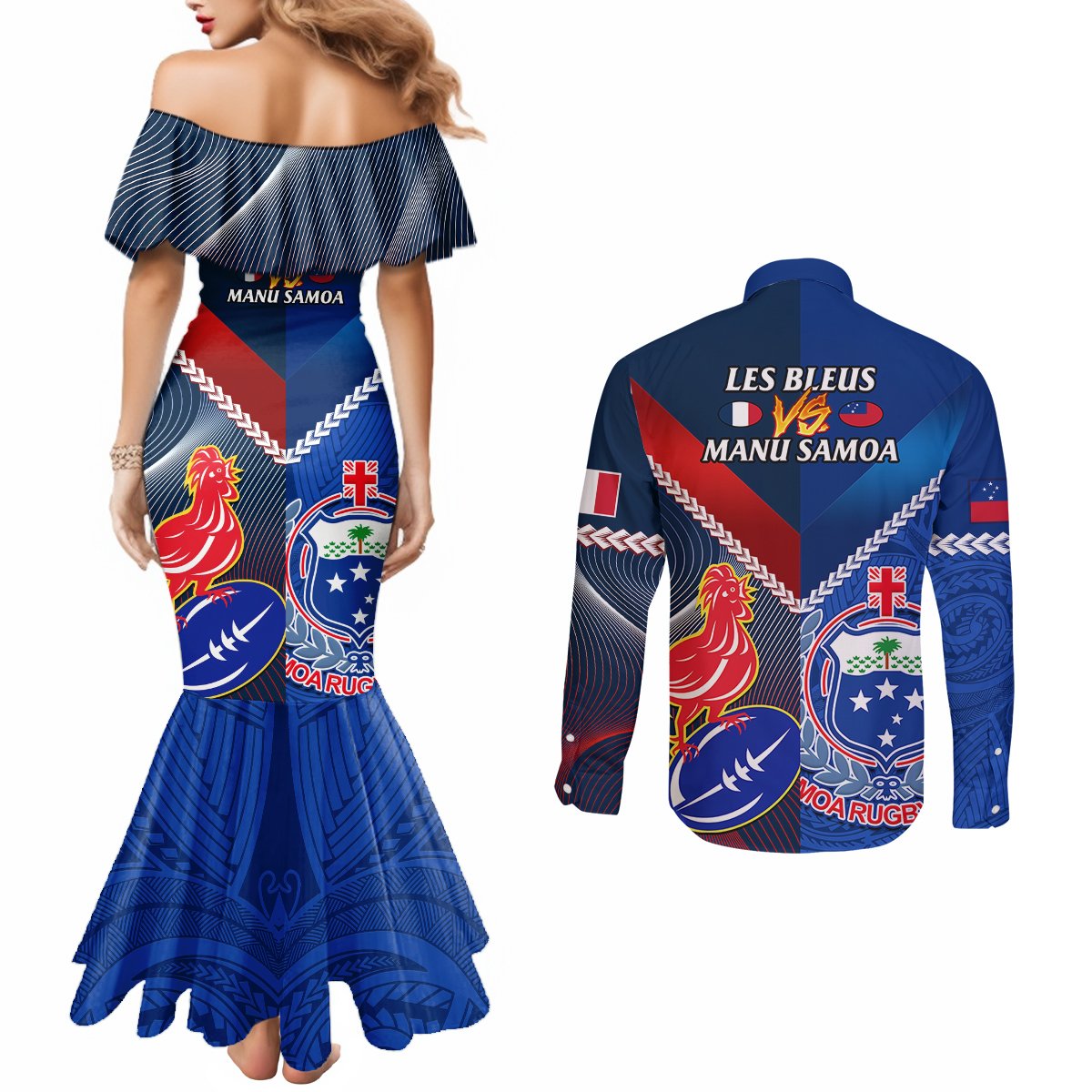 Samoa And France Rugby Couples Matching Mermaid Dress and Long Sleeve Button Shirts 2023 World Cup Manu Samoa With Les Bleus LT14 - Polynesian Pride