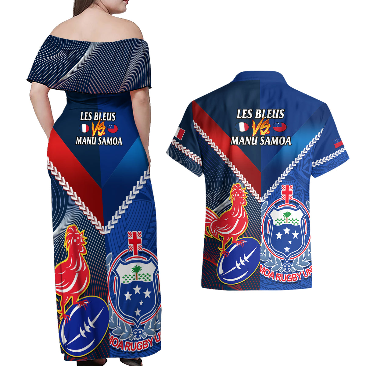 Samoa And France Rugby Couples Matching Off Shoulder Maxi Dress and Hawaiian Shirt 2023 World Cup Manu Samoa With Les Bleus LT14 - Polynesian Pride