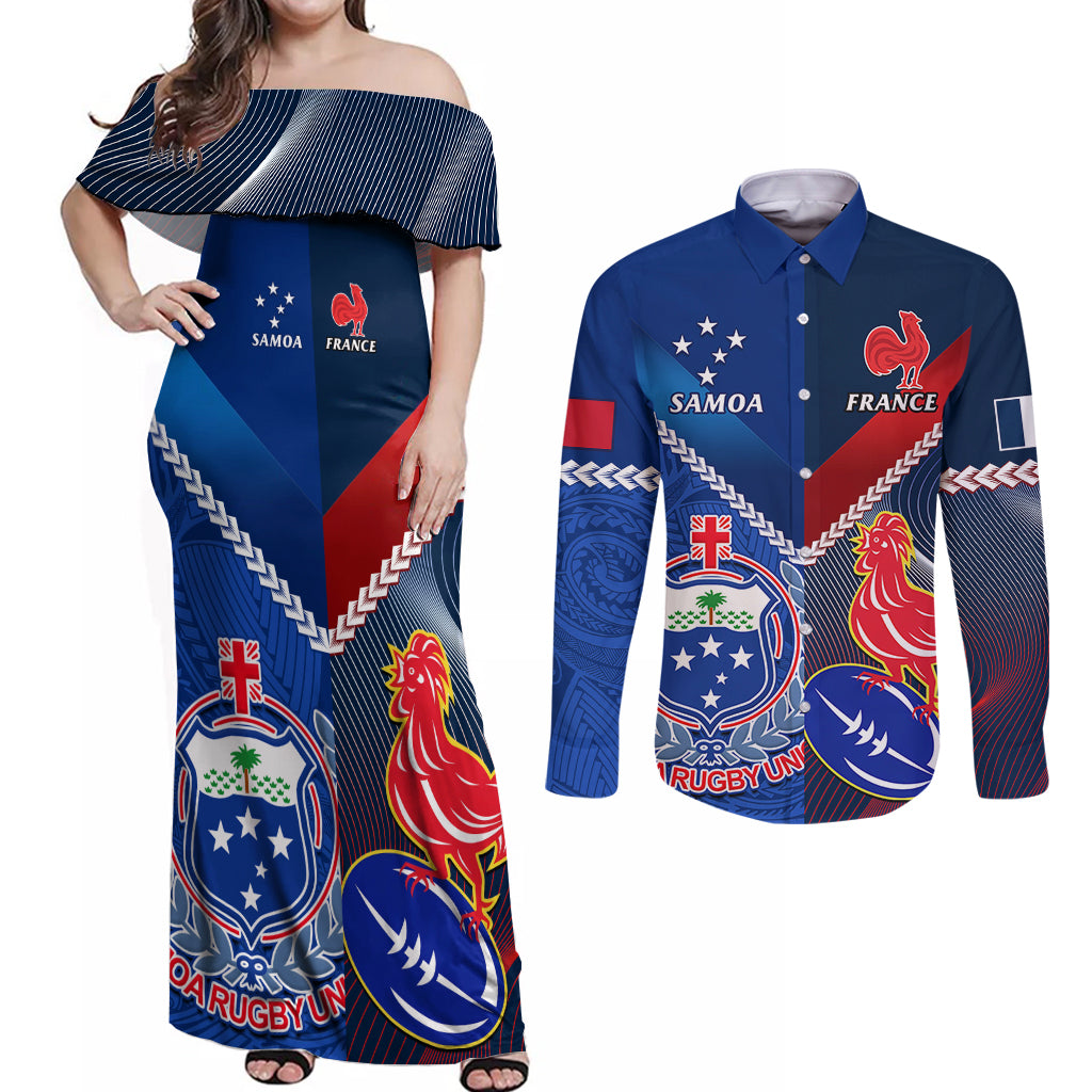 Samoa And France Rugby Couples Matching Off Shoulder Maxi Dress and Long Sleeve Button Shirts 2023 World Cup Manu Samoa With Les Bleus LT14 Blue - Polynesian Pride