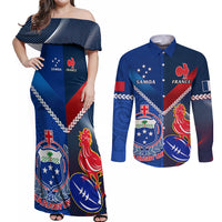 Samoa And France Rugby Couples Matching Off Shoulder Maxi Dress and Long Sleeve Button Shirts 2023 World Cup Manu Samoa With Les Bleus LT14 Blue - Polynesian Pride