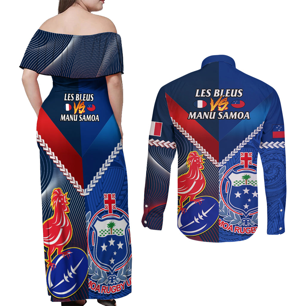 Samoa And France Rugby Couples Matching Off Shoulder Maxi Dress and Long Sleeve Button Shirts 2023 World Cup Manu Samoa With Les Bleus LT14 - Polynesian Pride