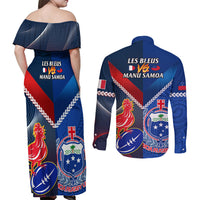 Samoa And France Rugby Couples Matching Off Shoulder Maxi Dress and Long Sleeve Button Shirts 2023 World Cup Manu Samoa With Les Bleus LT14 - Polynesian Pride