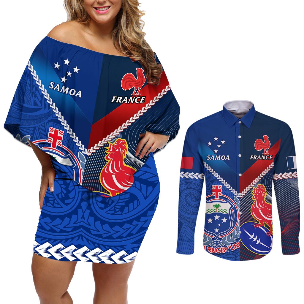 Samoa And France Rugby Couples Matching Off Shoulder Short Dress and Long Sleeve Button Shirts 2023 World Cup Manu Samoa With Les Bleus LT14 Blue - Polynesian Pride