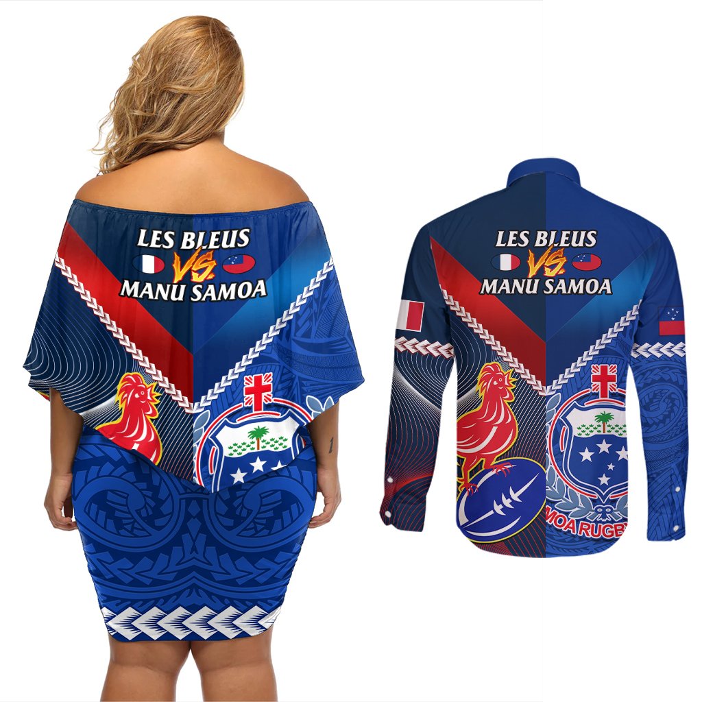 Samoa And France Rugby Couples Matching Off Shoulder Short Dress and Long Sleeve Button Shirts 2023 World Cup Manu Samoa With Les Bleus LT14 - Polynesian Pride