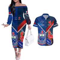Samoa And France Rugby Couples Matching Off The Shoulder Long Sleeve Dress and Hawaiian Shirt 2023 World Cup Manu Samoa With Les Bleus LT14 Blue - Polynesian Pride