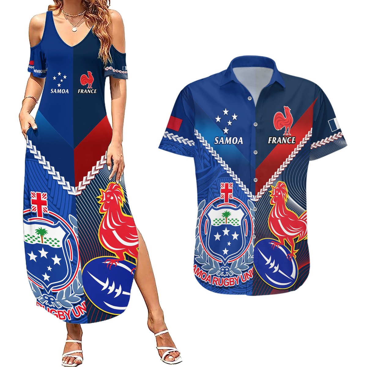 Samoa And France Rugby Couples Matching Summer Maxi Dress and Hawaiian Shirt 2023 World Cup Manu Samoa With Les Bleus LT14 Blue - Polynesian Pride