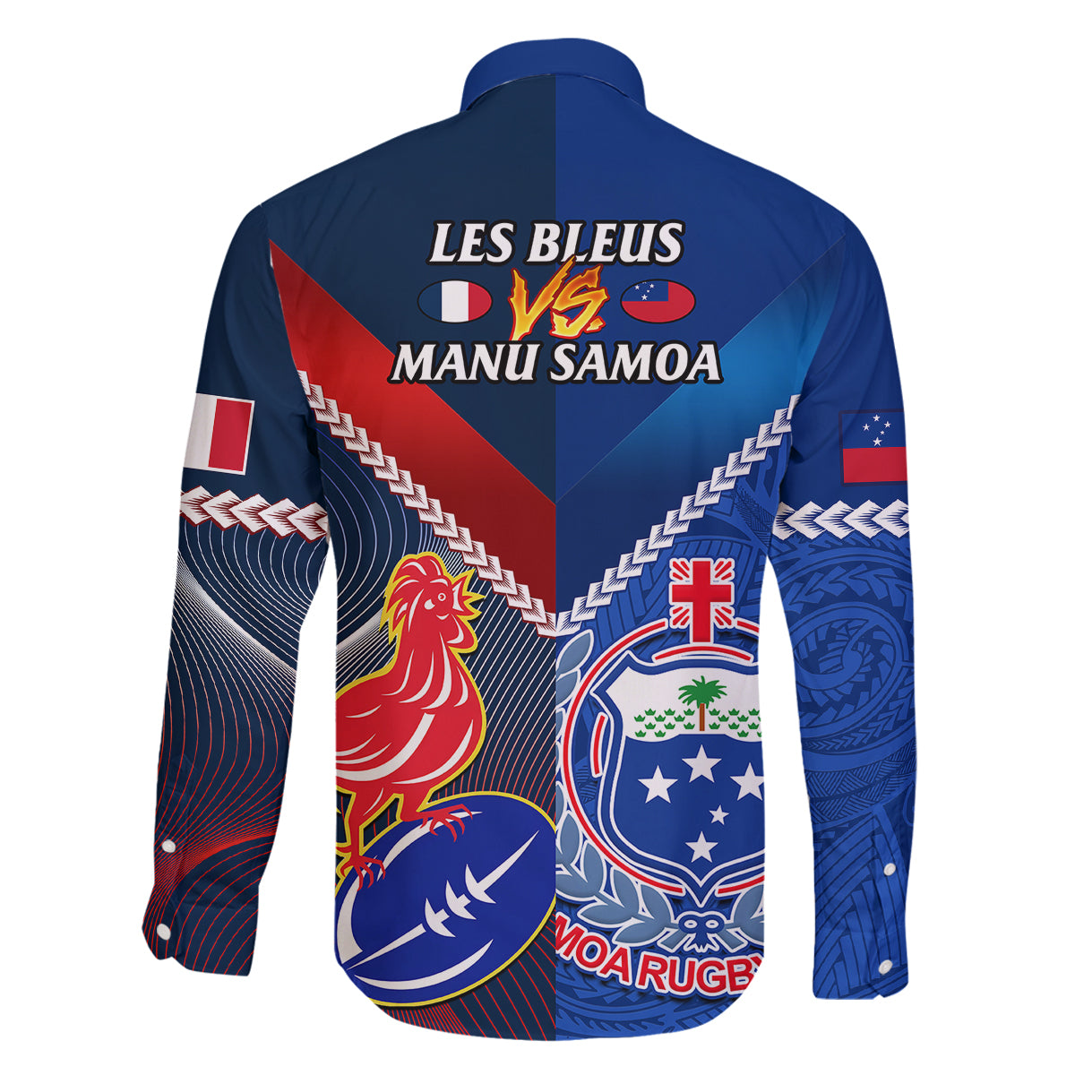 Samoa And France Rugby Family Matching Long Sleeve Bodycon Dress and Hawaiian Shirt 2023 World Cup Manu Samoa With Les Bleus LT14 - Polynesian Pride