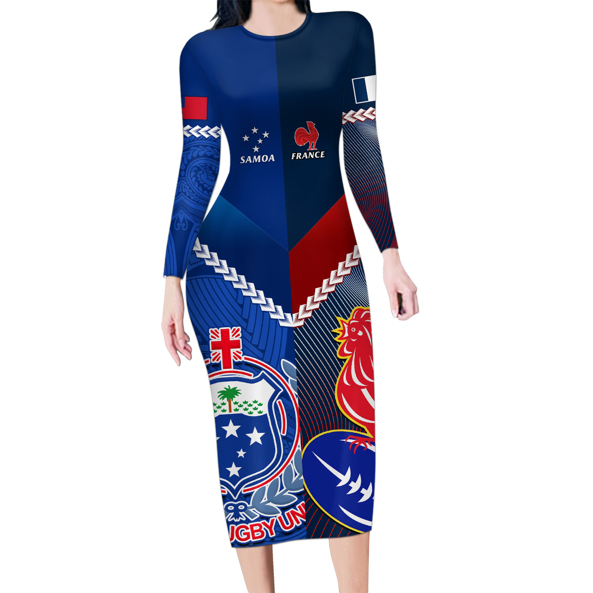 Samoa And France Rugby Family Matching Long Sleeve Bodycon Dress and Hawaiian Shirt 2023 World Cup Manu Samoa With Les Bleus LT14 Mom's Dress Blue - Polynesian Pride