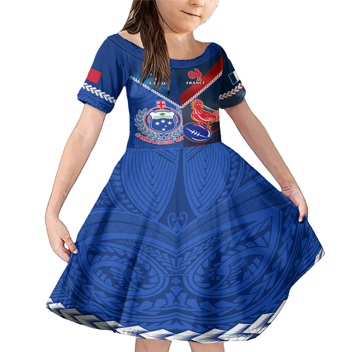 Samoa And France Rugby Family Matching Mermaid Dress and Hawaiian Shirt 2023 World Cup Manu Samoa With Les Bleus LT14 Daughter's Dress Blue - Polynesian Pride