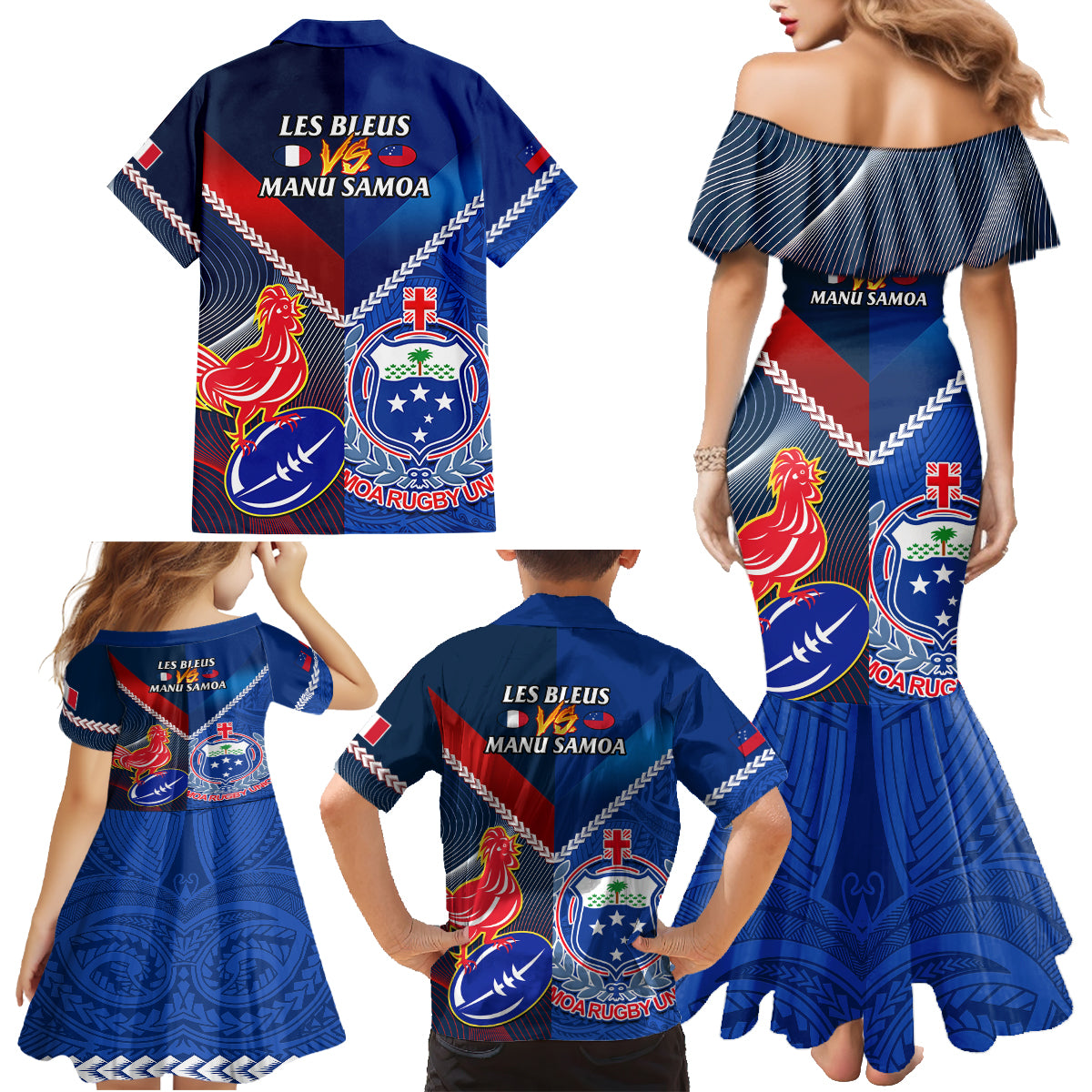 Samoa And France Rugby Family Matching Mermaid Dress and Hawaiian Shirt 2023 World Cup Manu Samoa With Les Bleus LT14 - Polynesian Pride