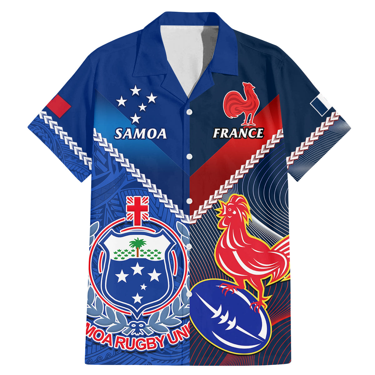 Samoa And France Rugby Family Matching Mermaid Dress and Hawaiian Shirt 2023 World Cup Manu Samoa With Les Bleus LT14 Dad's Shirt - Short Sleeve Blue - Polynesian Pride