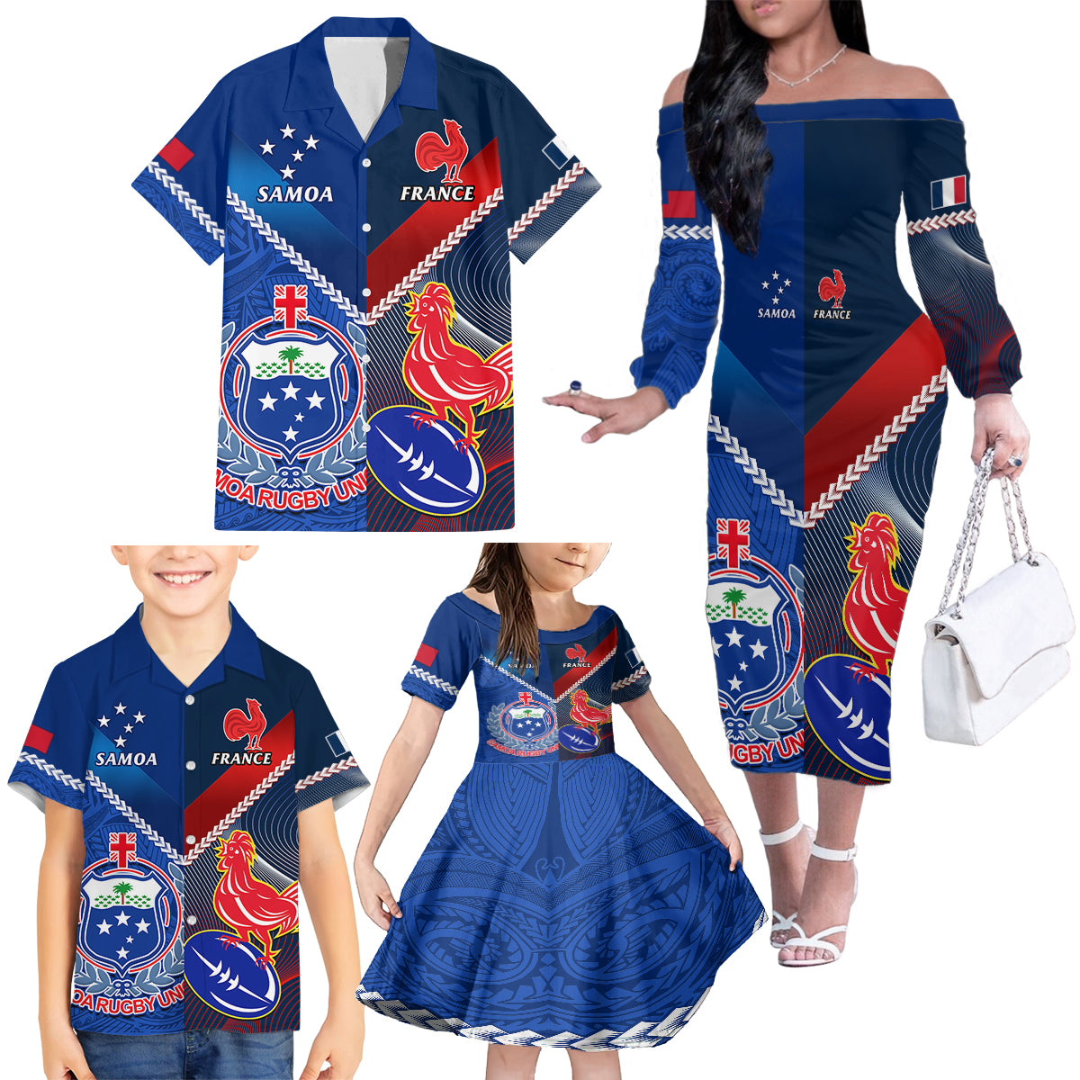 Samoa And France Rugby Family Matching Off Shoulder Long Sleeve Dress and Hawaiian Shirt 2023 World Cup Manu Samoa With Les Bleus LT14 - Polynesian Pride