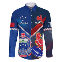 Samoa And France Rugby Family Matching Off Shoulder Long Sleeve Dress and Hawaiian Shirt 2023 World Cup Manu Samoa With Les Bleus LT14 Dad's Shirt - Long Sleeve Blue - Polynesian Pride
