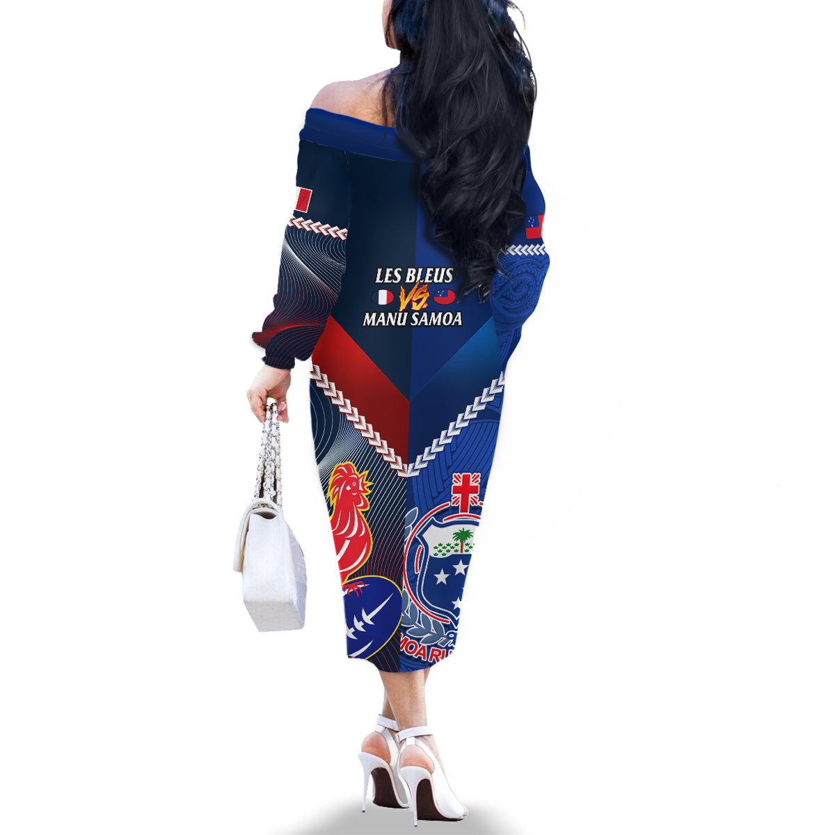 Samoa And France Rugby Family Matching Off Shoulder Long Sleeve Dress and Hawaiian Shirt 2023 World Cup Manu Samoa With Les Bleus LT14 - Polynesian Pride