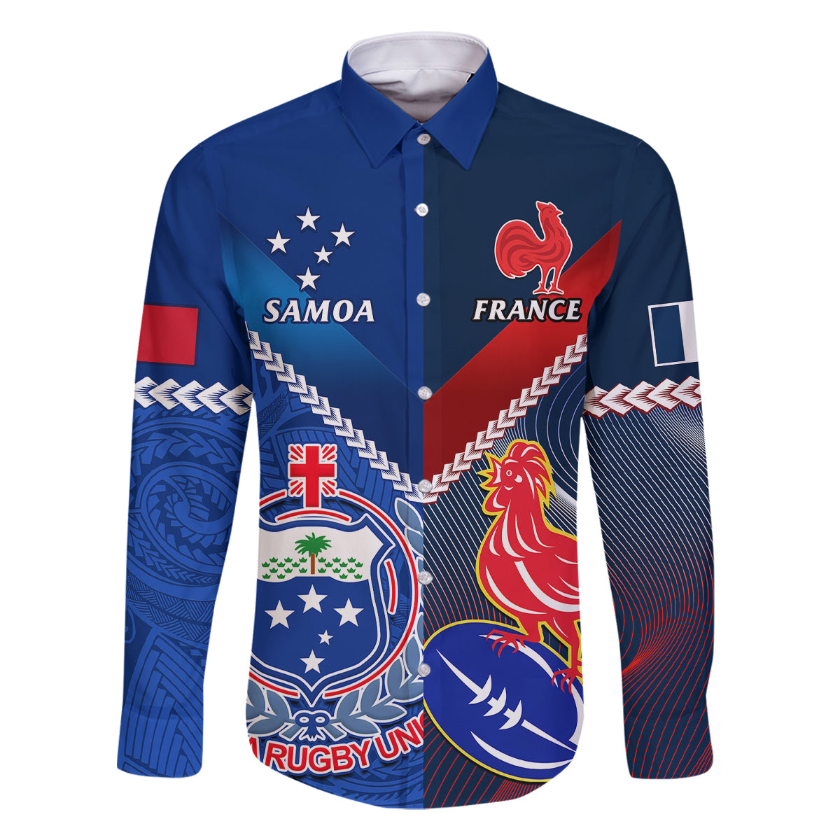 Samoa And France Rugby Family Matching Off Shoulder Maxi Dress and Hawaiian Shirt 2023 World Cup Manu Samoa With Les Bleus LT14 Dad's Shirt - Long Sleeve Blue - Polynesian Pride