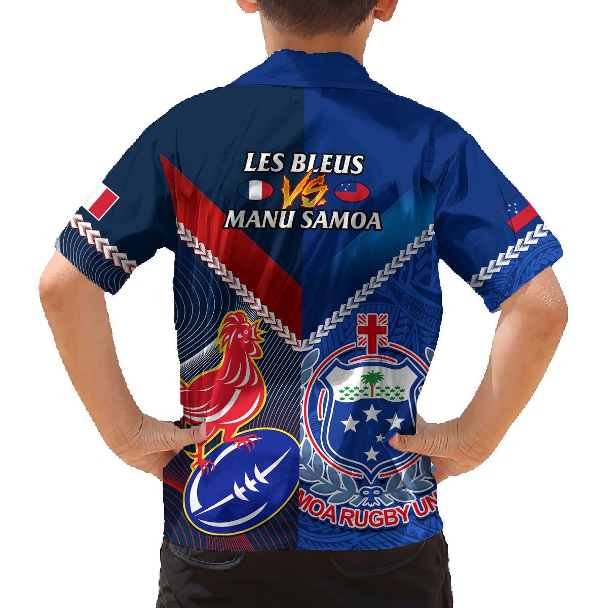 Samoa And France Rugby Family Matching Off Shoulder Short Dress and Hawaiian Shirt 2023 World Cup Manu Samoa With Les Bleus LT14 - Polynesian Pride