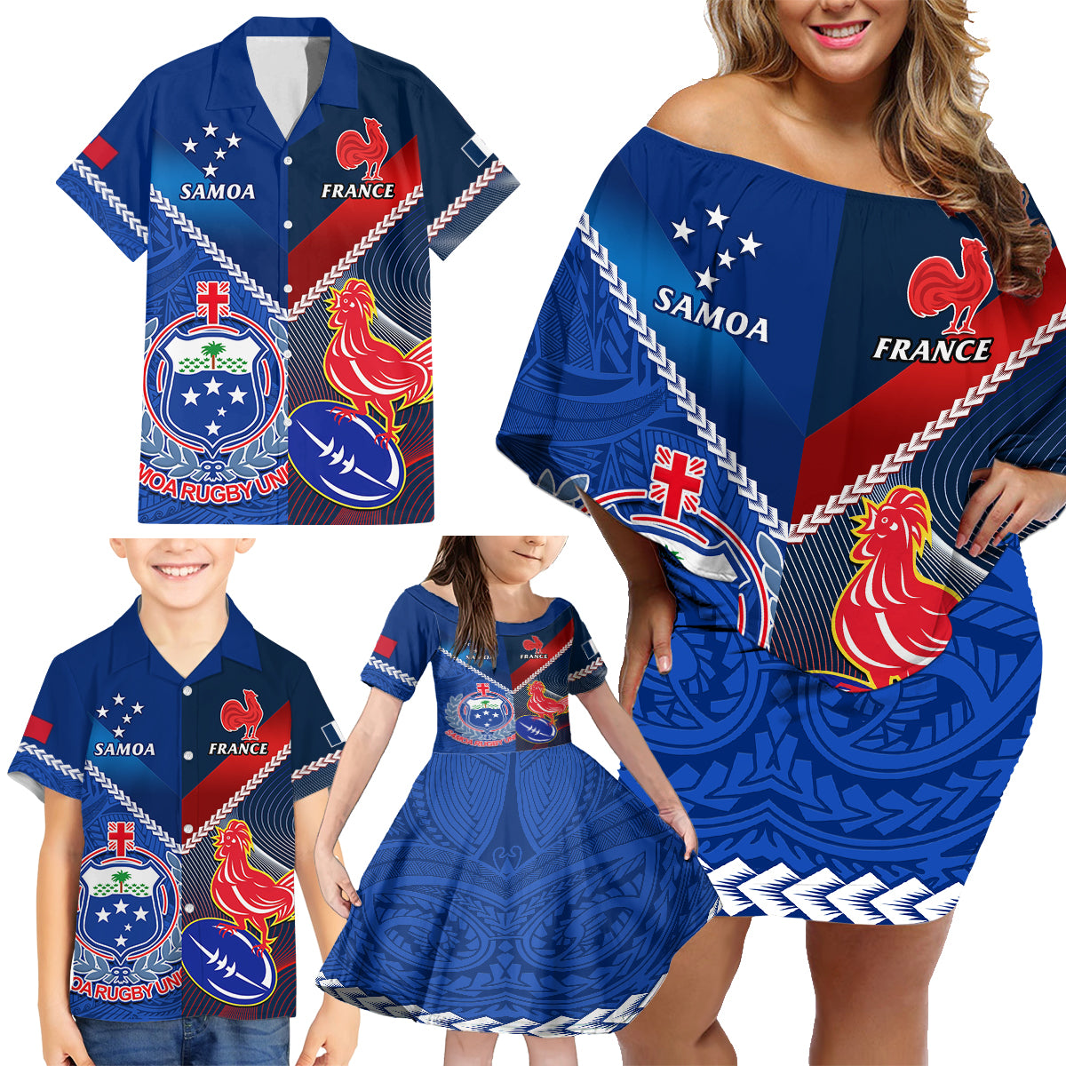 Samoa And France Rugby Family Matching Off Shoulder Short Dress and Hawaiian Shirt 2023 World Cup Manu Samoa With Les Bleus LT14 - Polynesian Pride