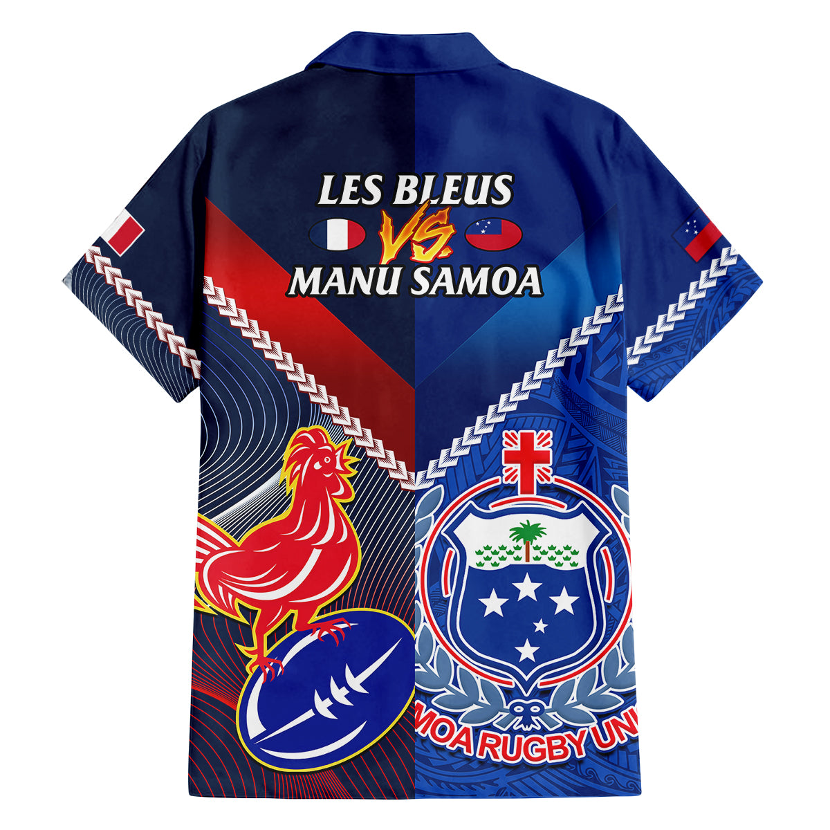 Samoa And France Rugby Family Matching Off Shoulder Short Dress and Hawaiian Shirt 2023 World Cup Manu Samoa With Les Bleus LT14 - Polynesian Pride