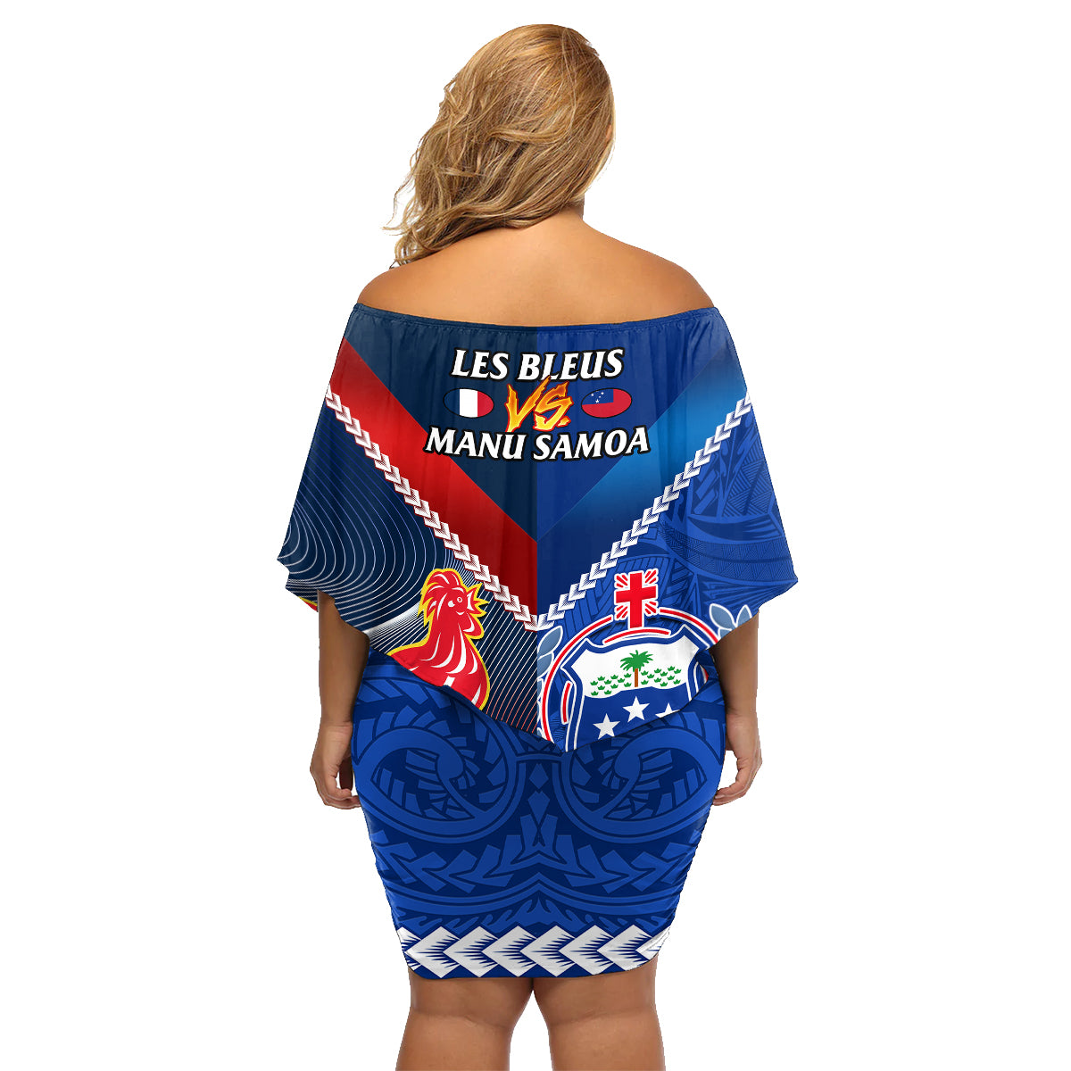 Samoa And France Rugby Family Matching Off Shoulder Short Dress and Hawaiian Shirt 2023 World Cup Manu Samoa With Les Bleus LT14 - Polynesian Pride
