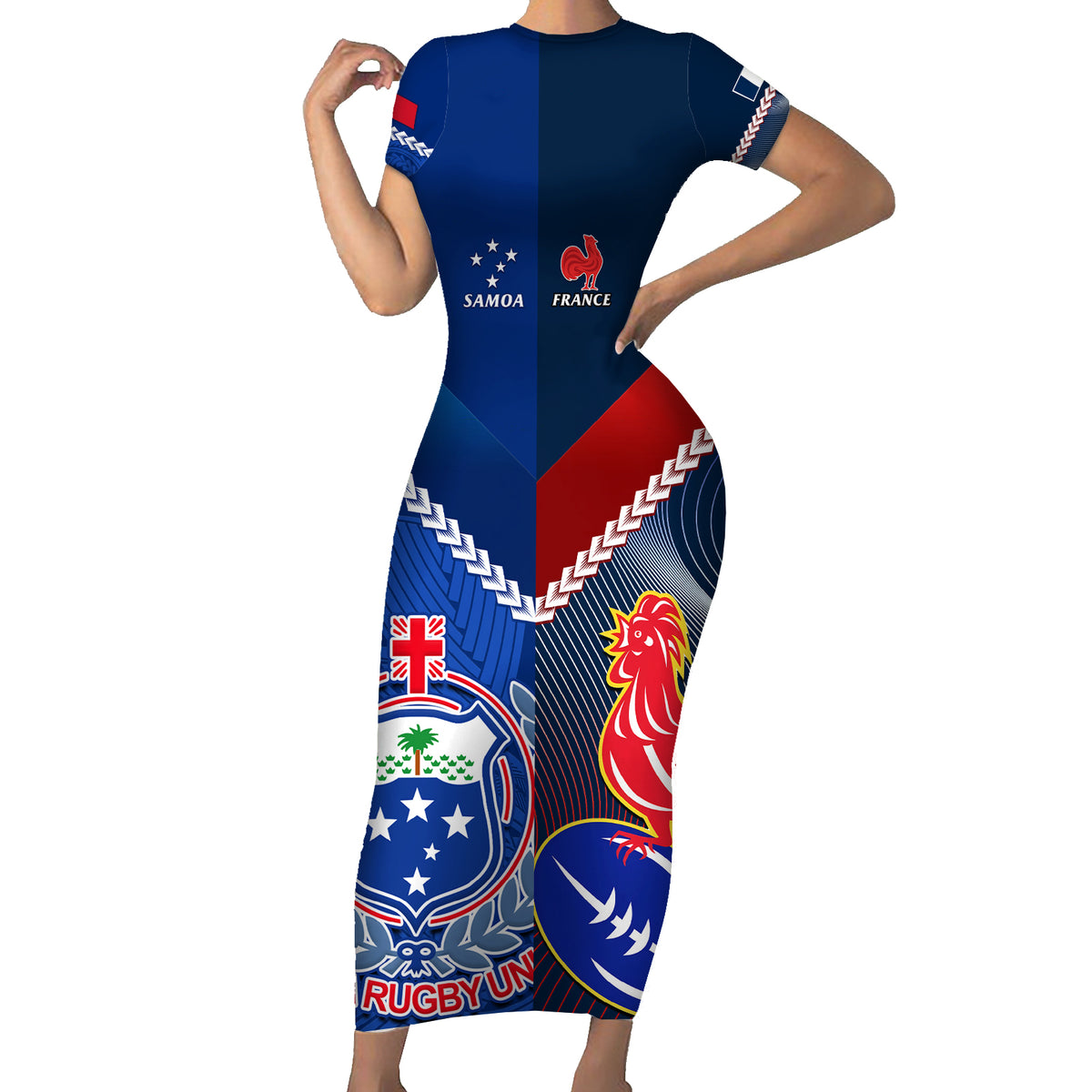 Samoa And France Rugby Family Matching Short Sleeve Bodycon Dress and Hawaiian Shirt 2023 World Cup Manu Samoa With Les Bleus LT14 Mom's Dress Blue - Polynesian Pride
