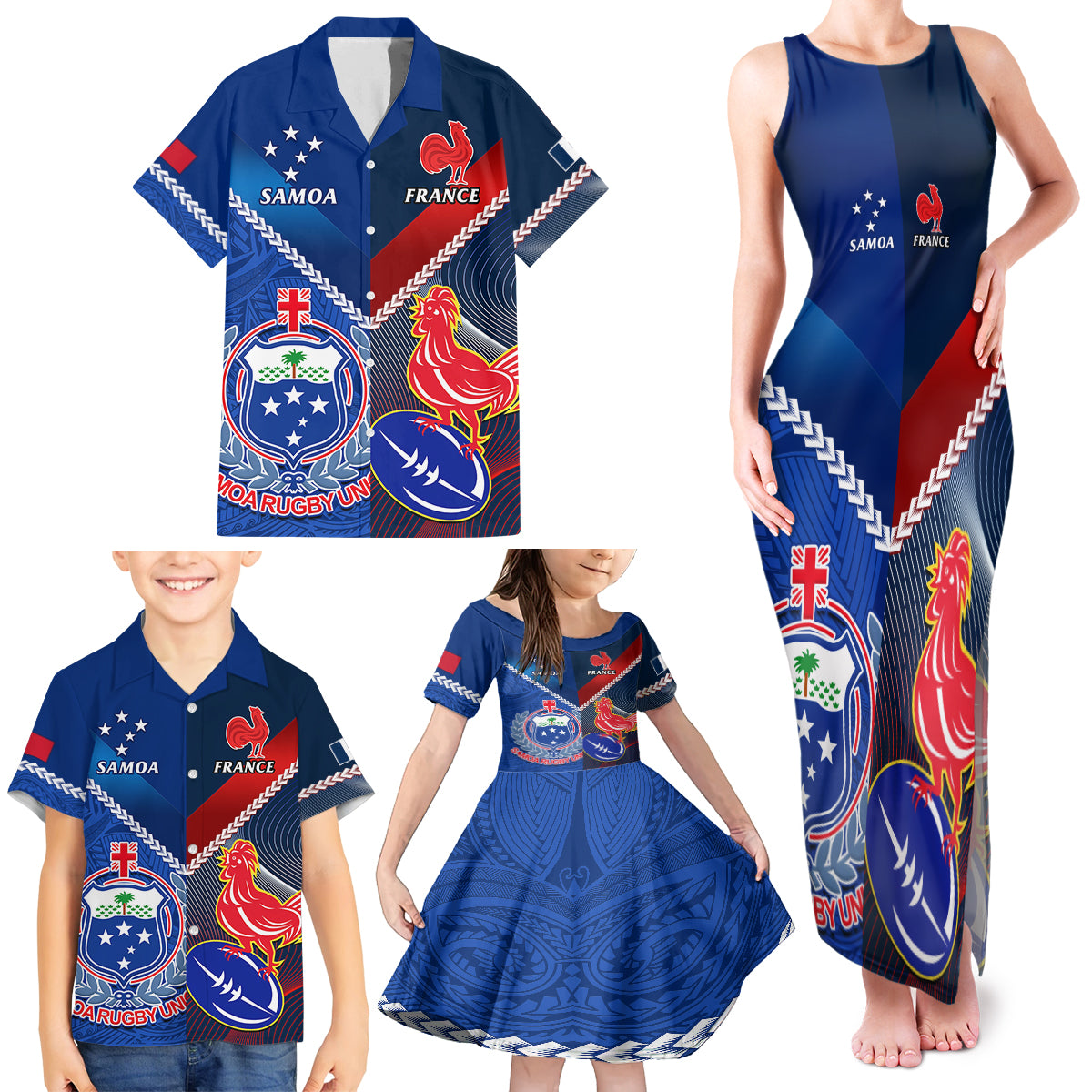 Samoa And France Rugby Family Matching Tank Maxi Dress and Hawaiian Shirt 2023 World Cup Manu Samoa With Les Bleus LT14 - Polynesian Pride