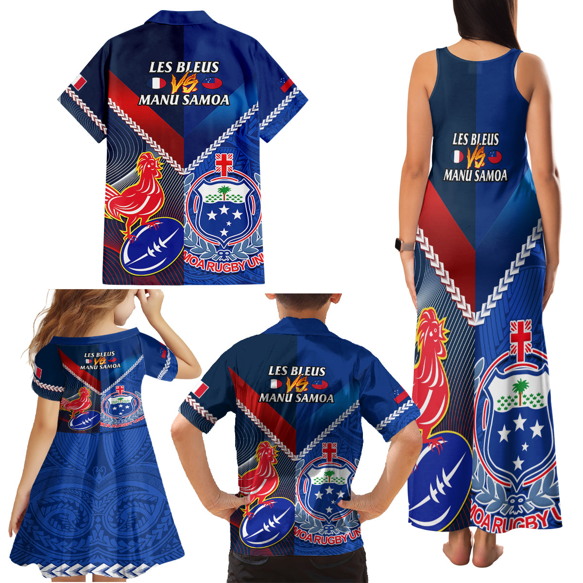 Samoa And France Rugby Family Matching Tank Maxi Dress and Hawaiian Shirt 2023 World Cup Manu Samoa With Les Bleus LT14 - Polynesian Pride