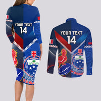 Custom Samoa And France Rugby Couples Matching Long Sleeve Bodycon Dress and Long Sleeve Button Shirts 2023 World Cup Manu Samoa With Les Bleus LT14 - Polynesian Pride