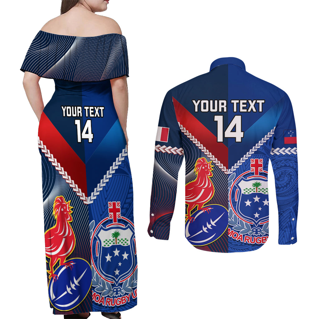 Custom Samoa And France Rugby Couples Matching Off Shoulder Maxi Dress and Long Sleeve Button Shirts 2023 World Cup Manu Samoa With Les Bleus LT14 - Polynesian Pride