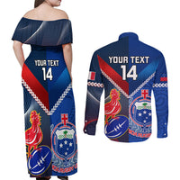 Custom Samoa And France Rugby Couples Matching Off Shoulder Maxi Dress and Long Sleeve Button Shirts 2023 World Cup Manu Samoa With Les Bleus LT14 - Polynesian Pride