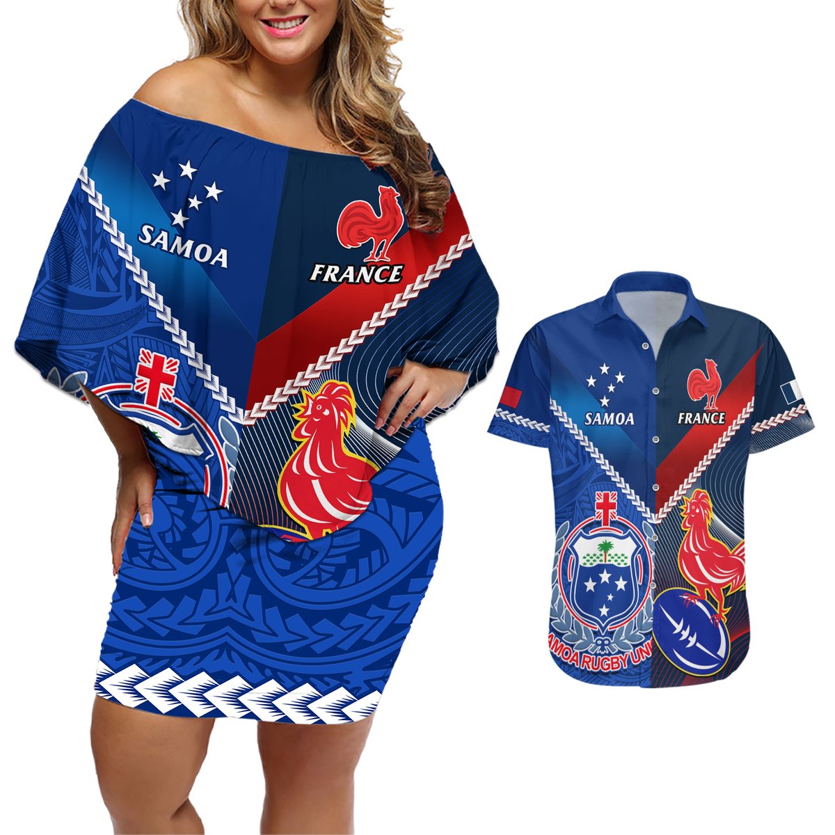 Custom Samoa And France Rugby Couples Matching Off Shoulder Short Dress and Hawaiian Shirt 2023 World Cup Manu Samoa With Les Bleus LT14 Blue - Polynesian Pride