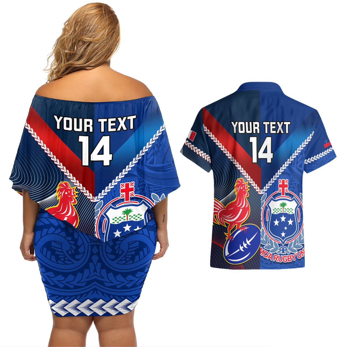 Custom Samoa And France Rugby Couples Matching Off Shoulder Short Dress and Hawaiian Shirt 2023 World Cup Manu Samoa With Les Bleus LT14 - Polynesian Pride