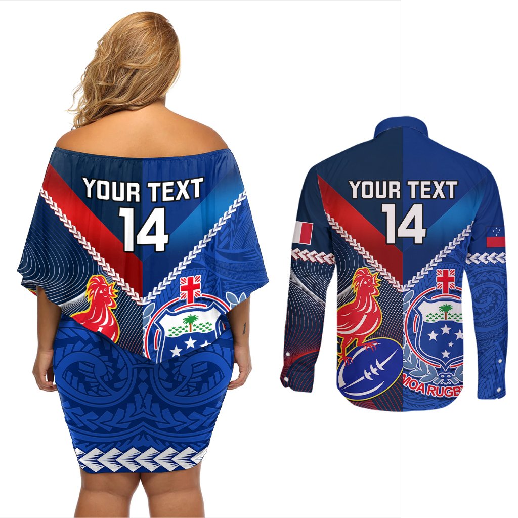Custom Samoa And France Rugby Couples Matching Off Shoulder Short Dress and Long Sleeve Button Shirts 2023 World Cup Manu Samoa With Les Bleus LT14 - Polynesian Pride