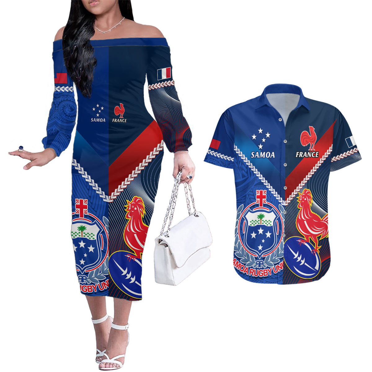 Custom Samoa And France Rugby Couples Matching Off The Shoulder Long Sleeve Dress and Hawaiian Shirt 2023 World Cup Manu Samoa With Les Bleus LT14 Blue - Polynesian Pride