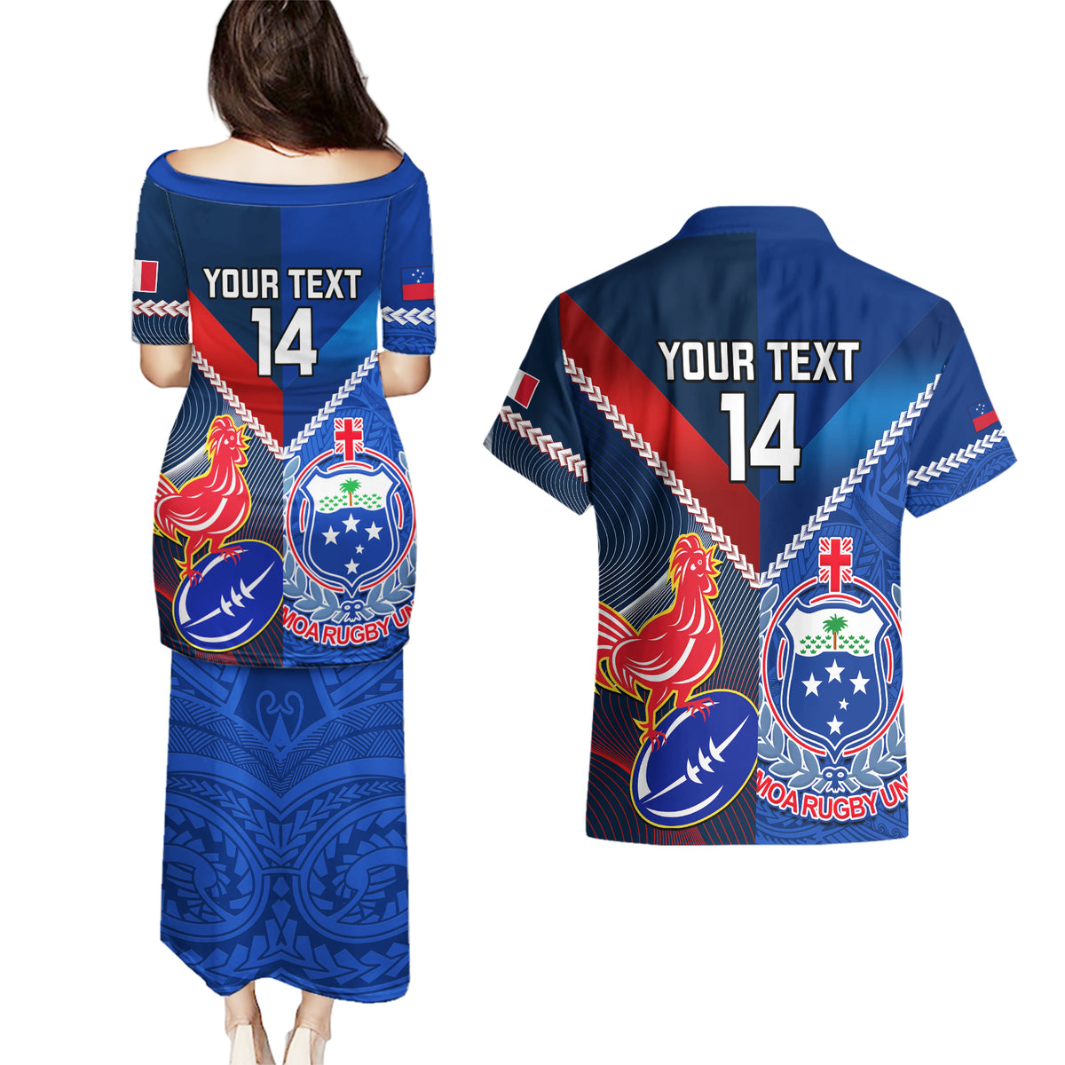 Custom Samoa And France Rugby Couples Matching Puletasi Dress and Hawaiian Shirt 2023 World Cup Manu Samoa With Les Bleus LT14 - Polynesian Pride