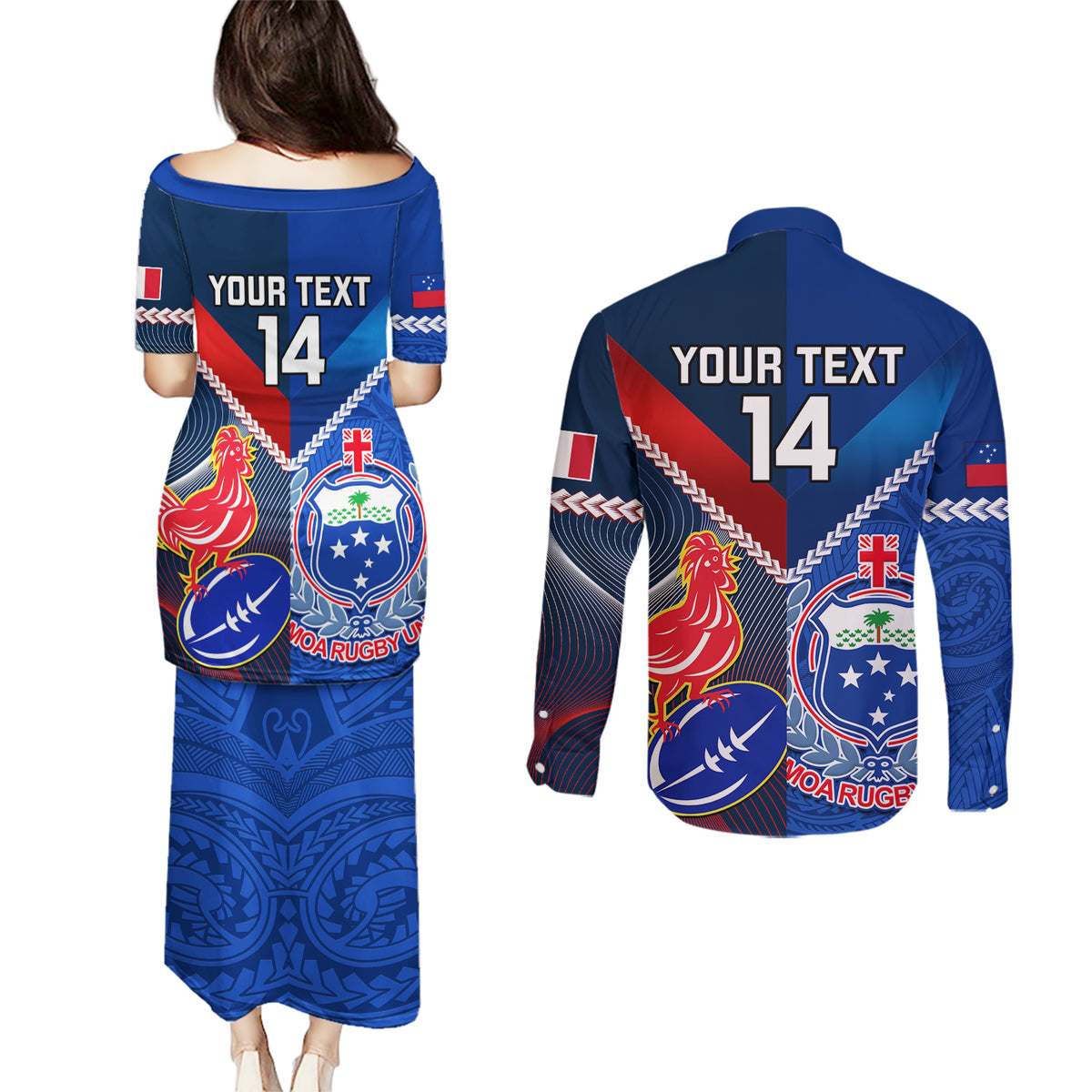 Custom Samoa And France Rugby Couples Matching Puletasi Dress and Long Sleeve Button Shirts 2023 World Cup Manu Samoa With Les Bleus LT14 - Polynesian Pride