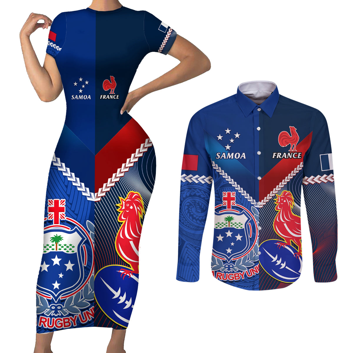 Custom Samoa And France Rugby Couples Matching Short Sleeve Bodycon Dress and Long Sleeve Button Shirts 2023 World Cup Manu Samoa With Les Bleus LT14 Blue - Polynesian Pride