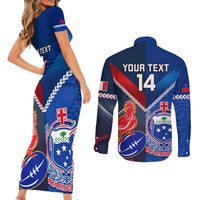Custom Samoa And France Rugby Couples Matching Short Sleeve Bodycon Dress and Long Sleeve Button Shirts 2023 World Cup Manu Samoa With Les Bleus LT14 - Polynesian Pride
