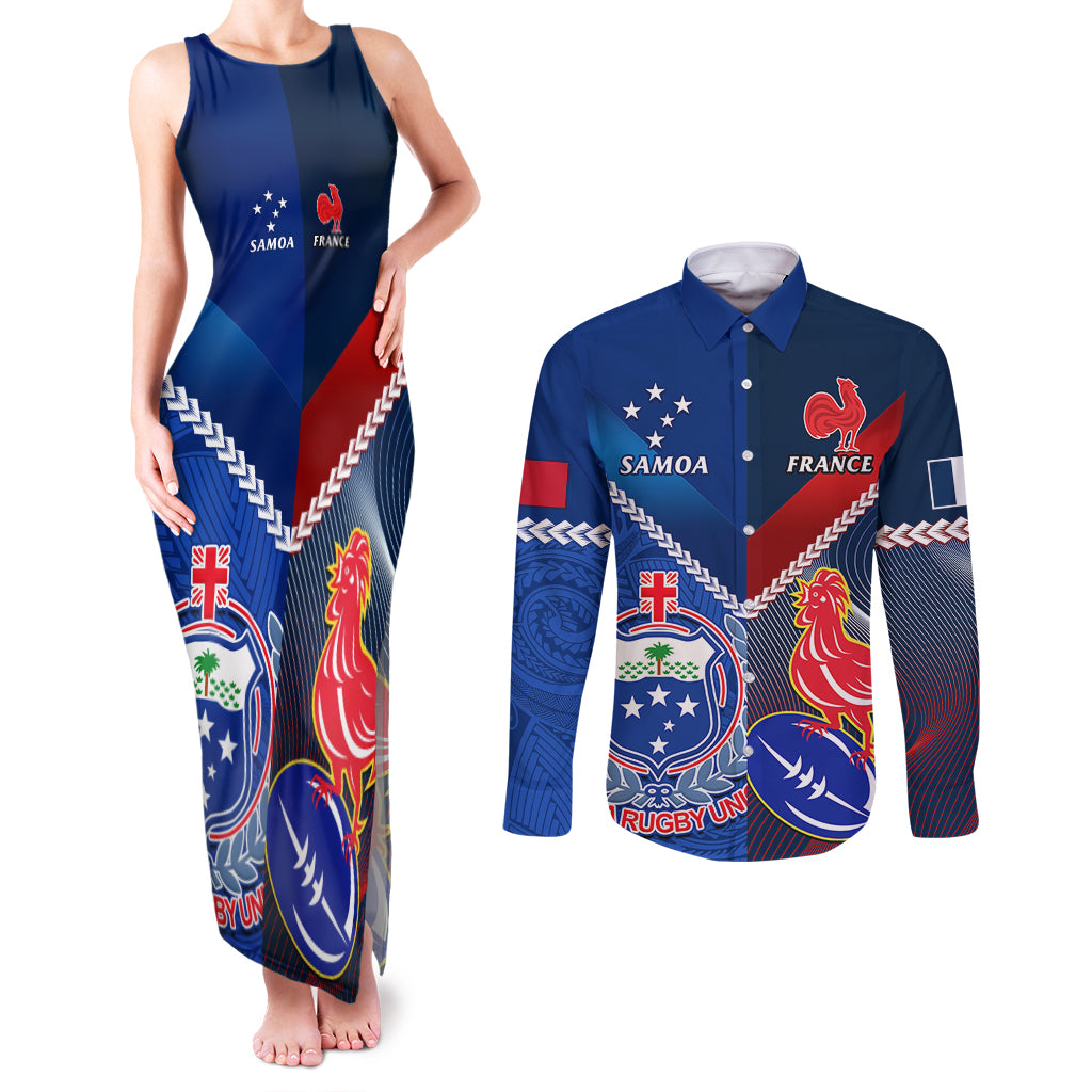 Custom Samoa And France Rugby Couples Matching Tank Maxi Dress and Long Sleeve Button Shirts 2023 World Cup Manu Samoa With Les Bleus LT14 Blue - Polynesian Pride
