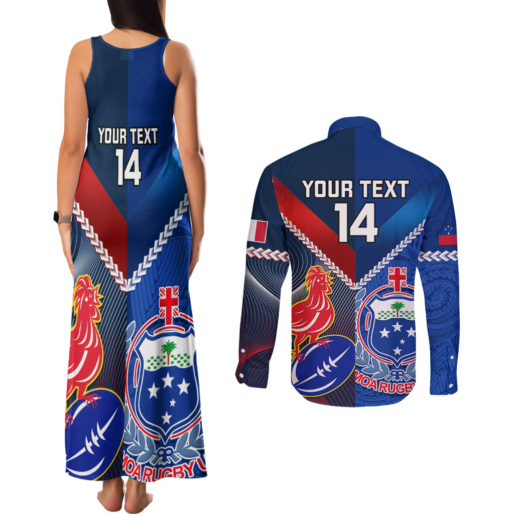 Custom Samoa And France Rugby Couples Matching Tank Maxi Dress and Long Sleeve Button Shirts 2023 World Cup Manu Samoa With Les Bleus LT14 - Polynesian Pride