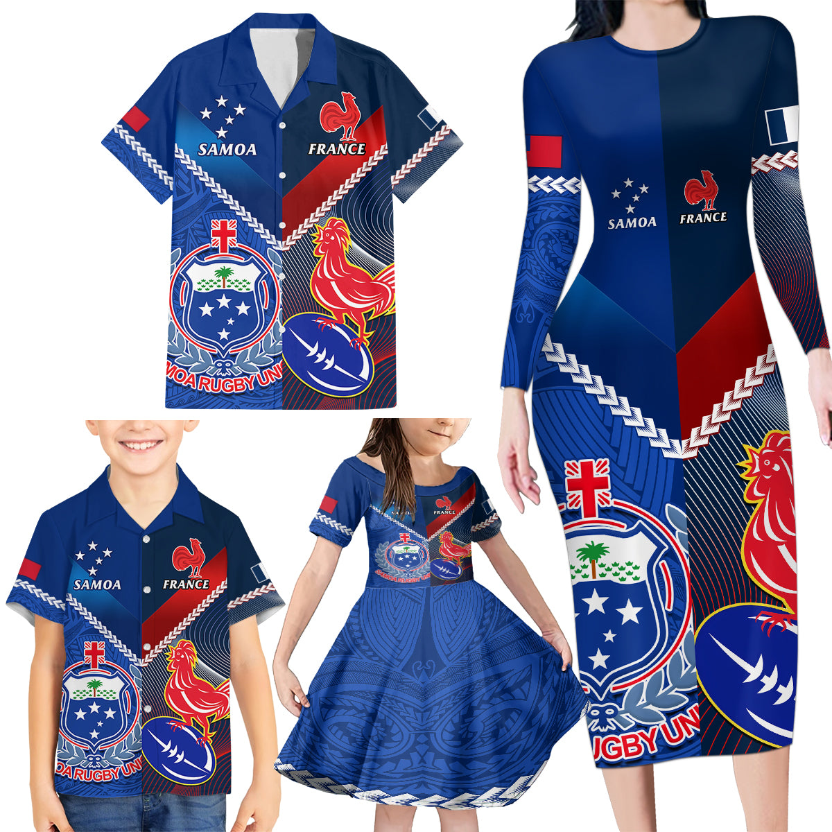 Custom Samoa And France Rugby Family Matching Long Sleeve Bodycon Dress and Hawaiian Shirt 2023 World Cup Manu Samoa With Les Bleus LT14 - Polynesian Pride