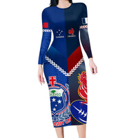 Custom Samoa And France Rugby Family Matching Long Sleeve Bodycon Dress and Hawaiian Shirt 2023 World Cup Manu Samoa With Les Bleus LT14 Mom's Dress Blue - Polynesian Pride