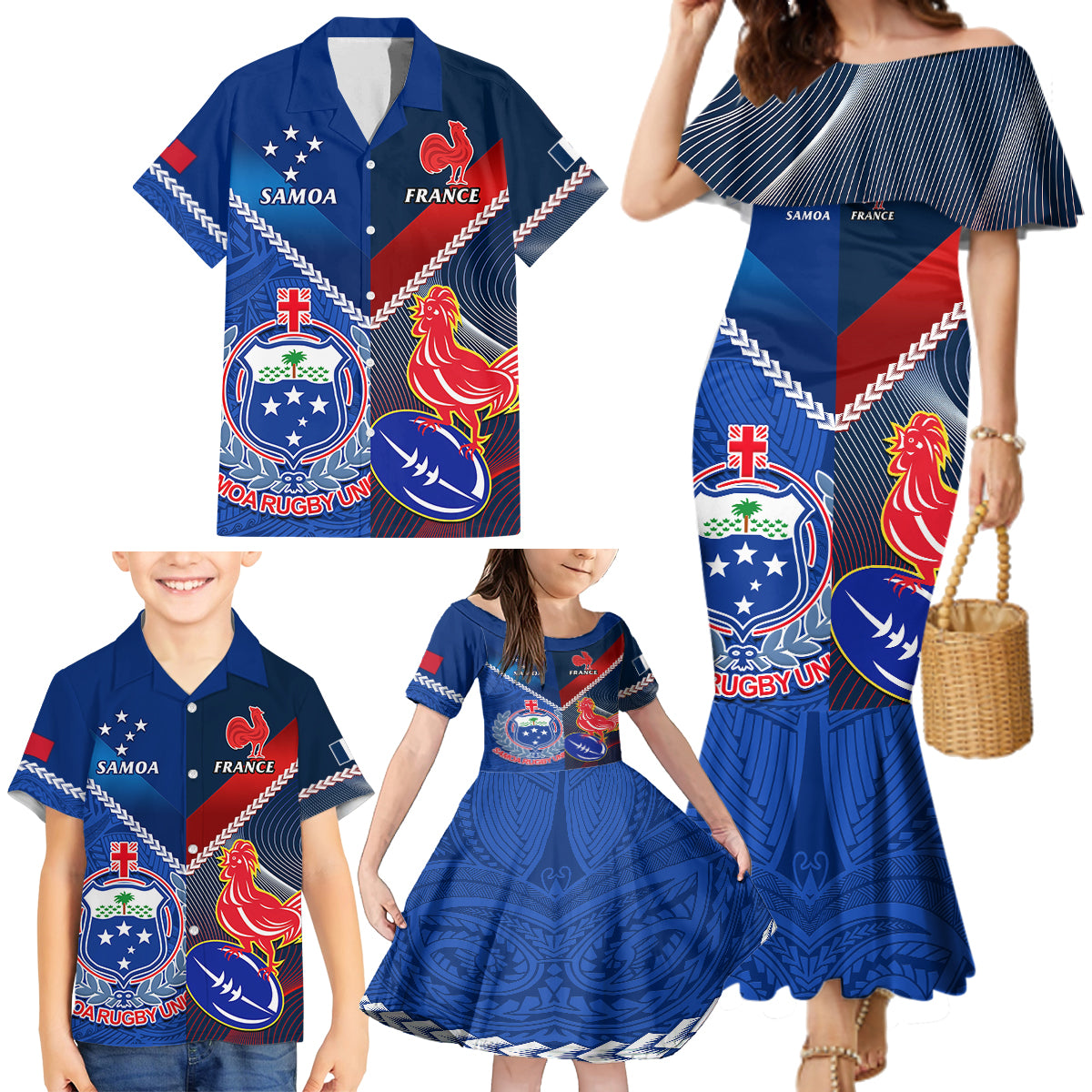 Custom Samoa And France Rugby Family Matching Mermaid Dress and Hawaiian Shirt 2023 World Cup Manu Samoa With Les Bleus LT14 - Polynesian Pride
