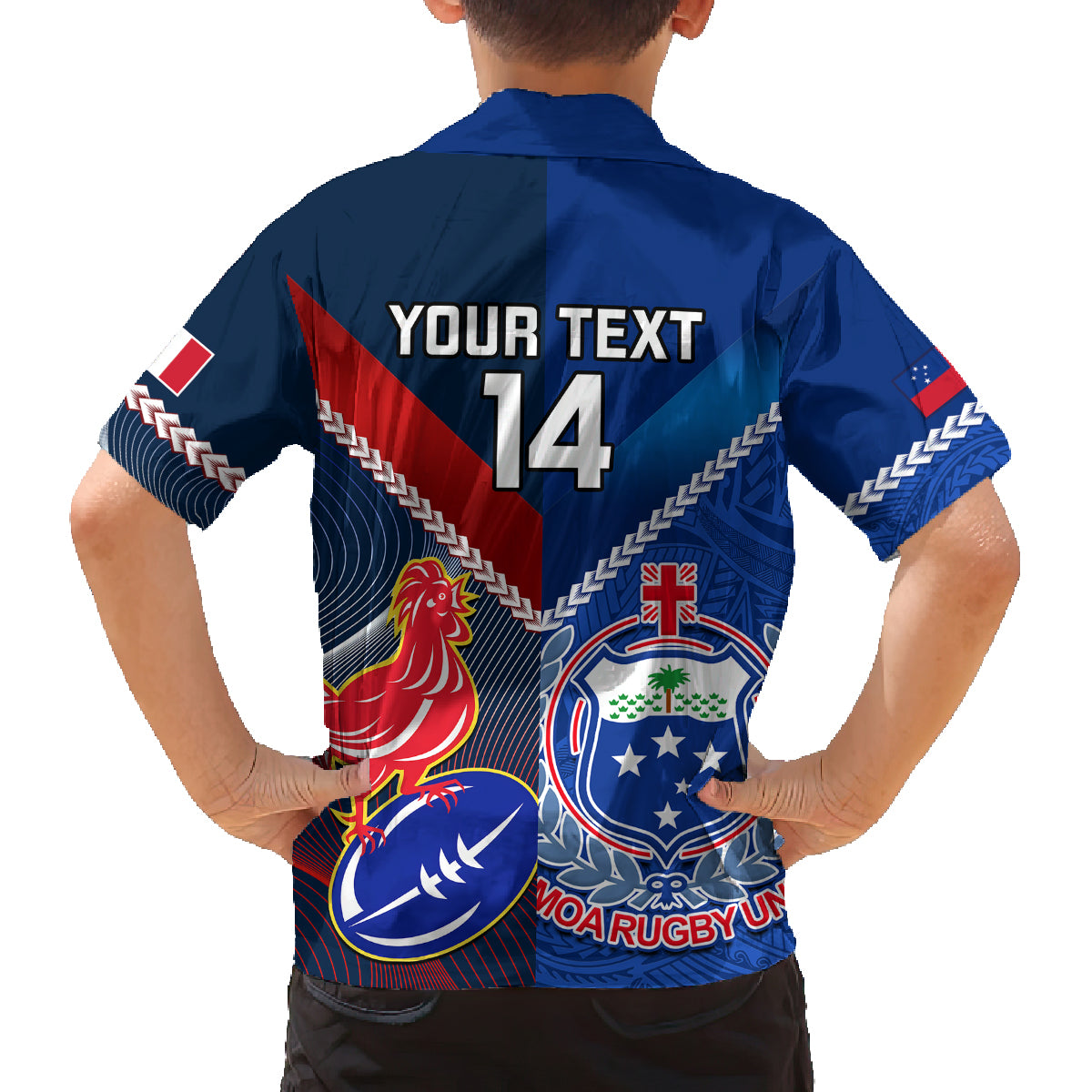 Custom Samoa And France Rugby Family Matching Off Shoulder Long Sleeve Dress and Hawaiian Shirt 2023 World Cup Manu Samoa With Les Bleus LT14 - Polynesian Pride