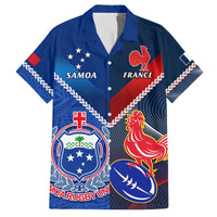 Custom Samoa And France Rugby Family Matching Off Shoulder Long Sleeve Dress and Hawaiian Shirt 2023 World Cup Manu Samoa With Les Bleus LT14 Dad's Shirt - Short Sleeve Blue - Polynesian Pride