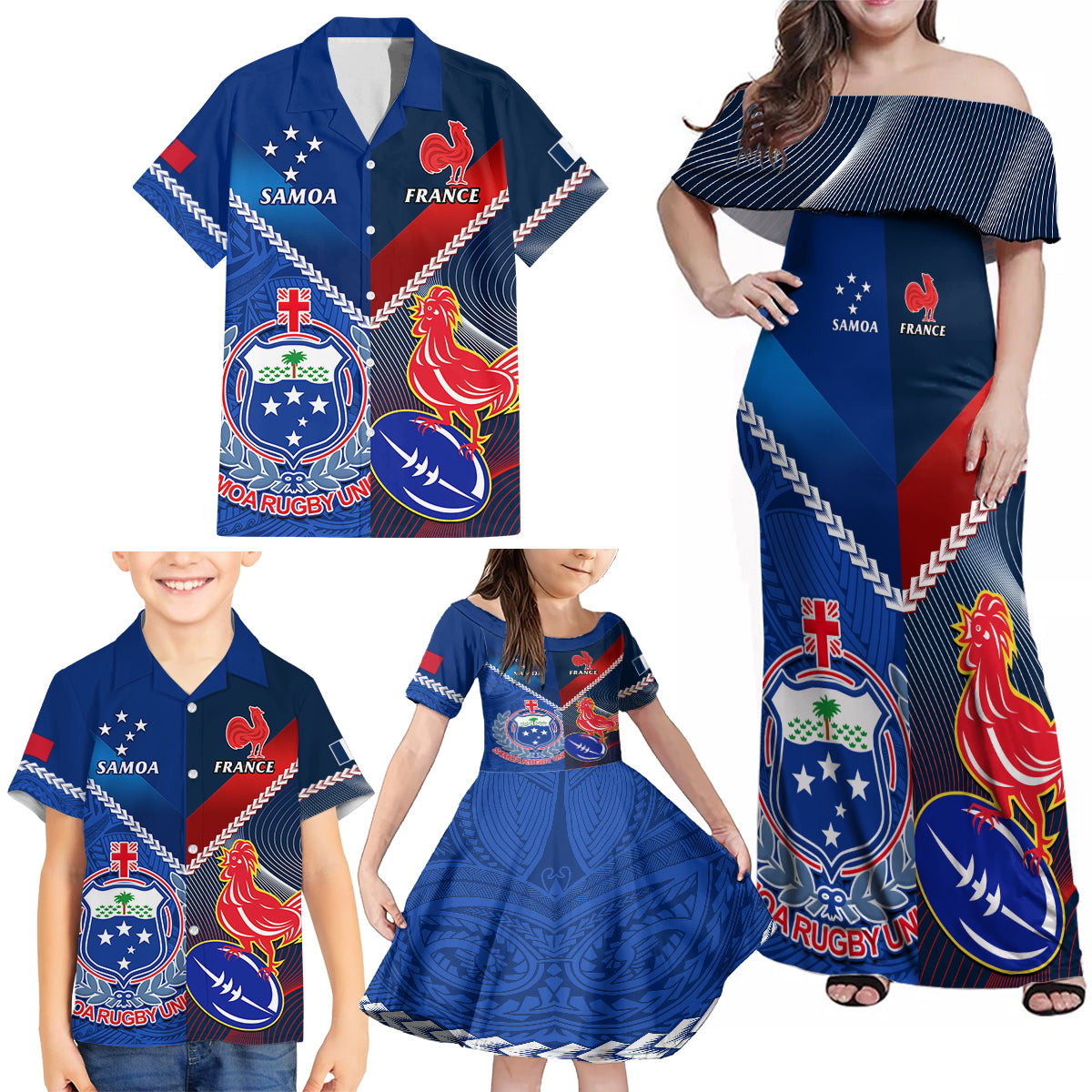 Custom Samoa And France Rugby Family Matching Off Shoulder Maxi Dress and Hawaiian Shirt 2023 World Cup Manu Samoa With Les Bleus LT14 - Polynesian Pride