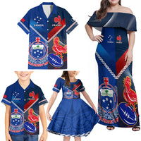 Custom Samoa And France Rugby Family Matching Off Shoulder Maxi Dress and Hawaiian Shirt 2023 World Cup Manu Samoa With Les Bleus LT14 - Polynesian Pride