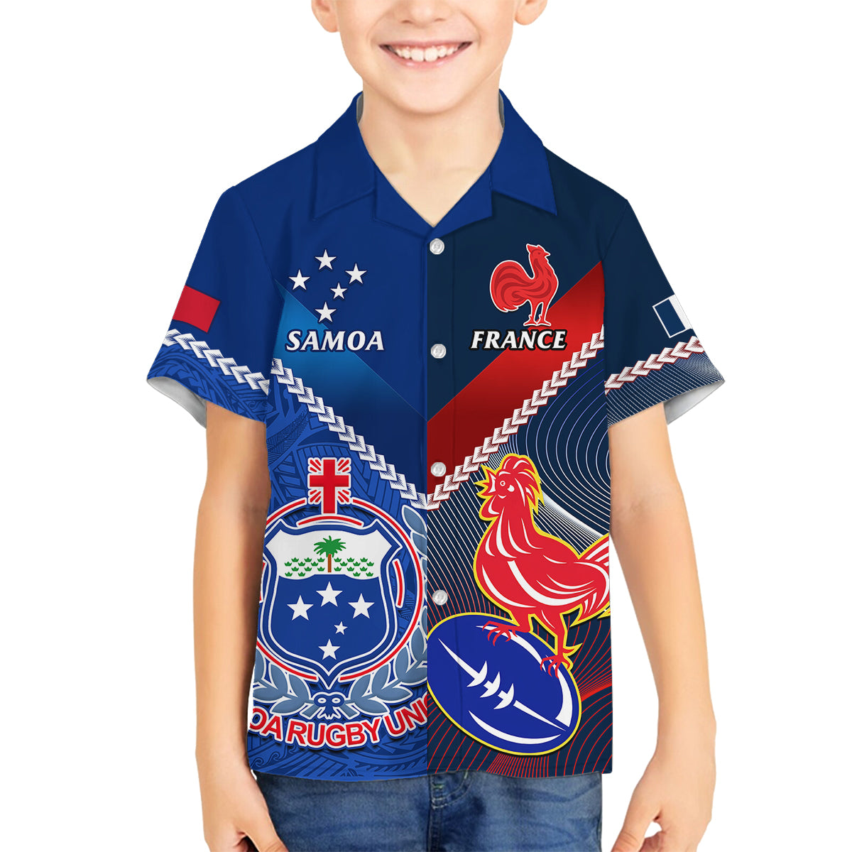 Custom Samoa And France Rugby Family Matching Off Shoulder Maxi Dress and Hawaiian Shirt 2023 World Cup Manu Samoa With Les Bleus LT14 Son's Shirt Blue - Polynesian Pride