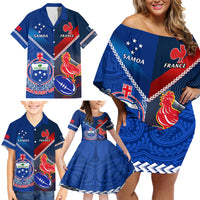 Custom Samoa And France Rugby Family Matching Off Shoulder Short Dress and Hawaiian Shirt 2023 World Cup Manu Samoa With Les Bleus LT14 - Polynesian Pride